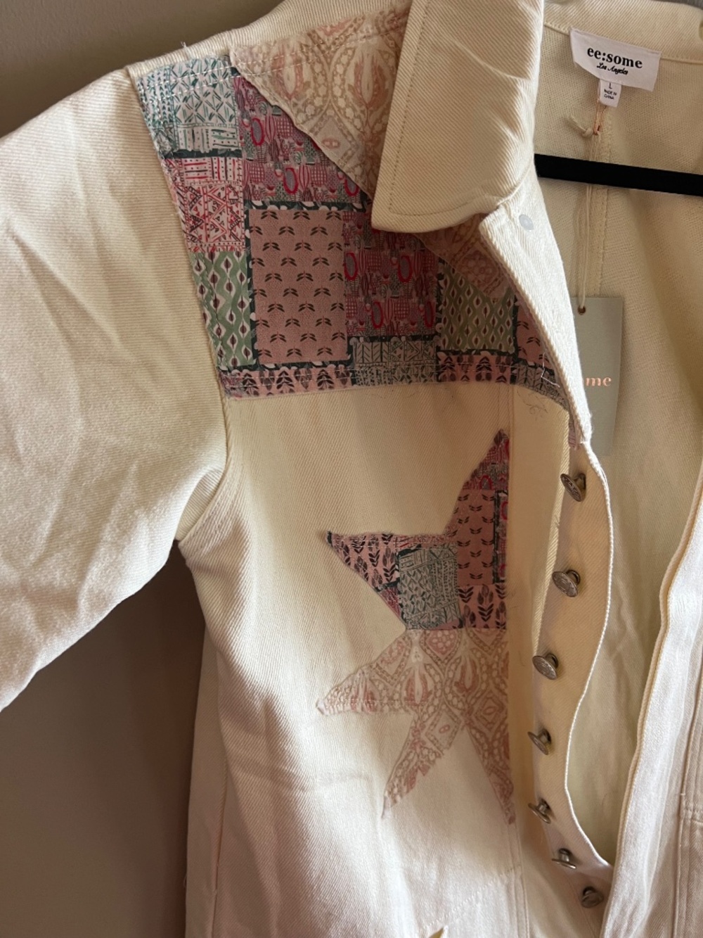 Maddy J Boutique Cream Jumpsuit/Overalls with Quilt style Patchwork - Picture 10 of 12